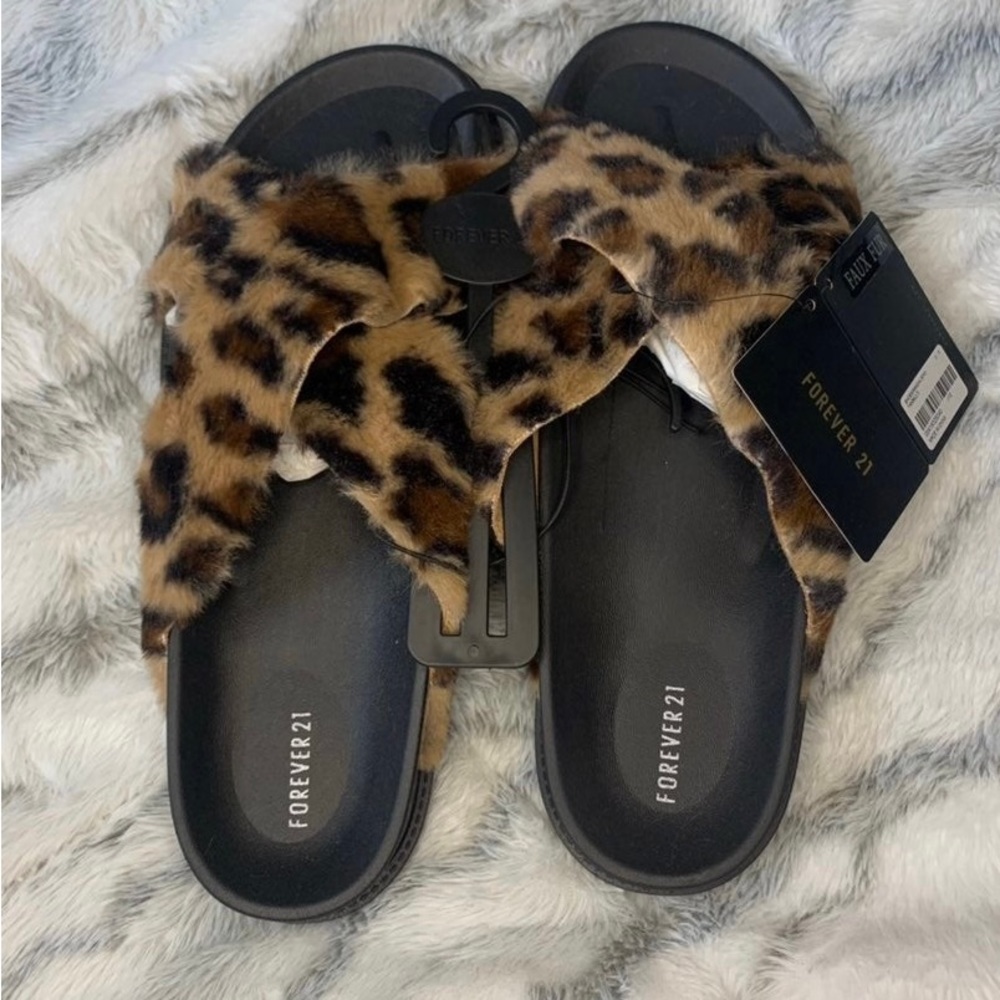 Forever 21 Faux Fur Leopard Print Sandals